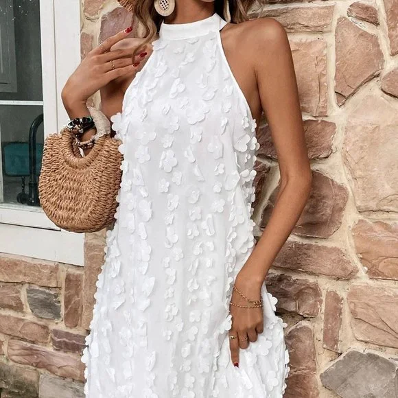 White Boho Womens Appliques Detail Halter Neck Dress - Picture 4 of 5